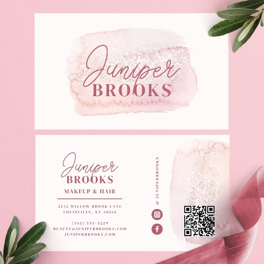 Mauve Roze Glitter Social Media QR Code Visitekaartje