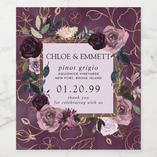 Mauve Roze, Paars Goud Bloemmotief Wijn Etiket (Enkel label)
