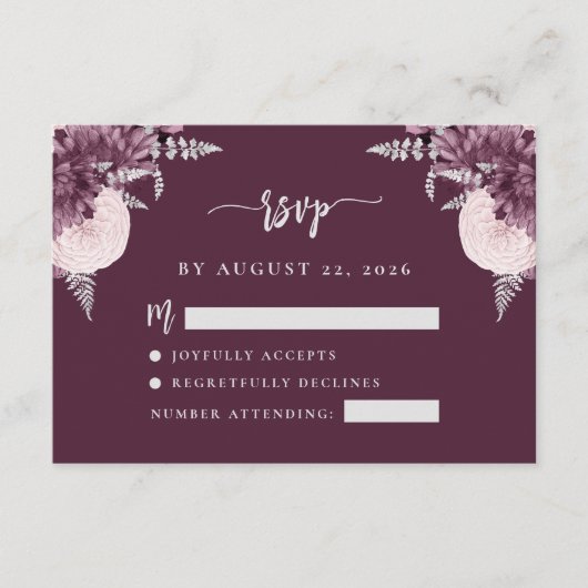 Mauve Silver Floral Script Wedding RSVP Informatiekaartje (Voorkant)