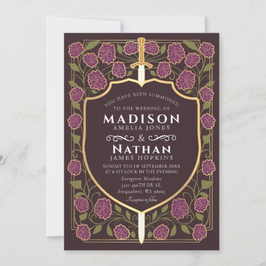 Mauve Sword Shield Fantasy Wedding QR-code Kaart (Voorkant)
