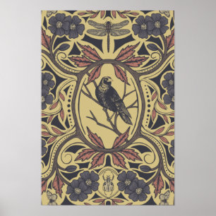 Mauve, Tan & Grey Crow & Dragonfly Floral Poster