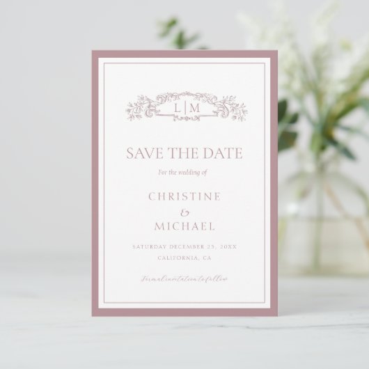 Mauve & Teracotta botanische kam monogram bruiloft Save The Date (Staand voorkant)