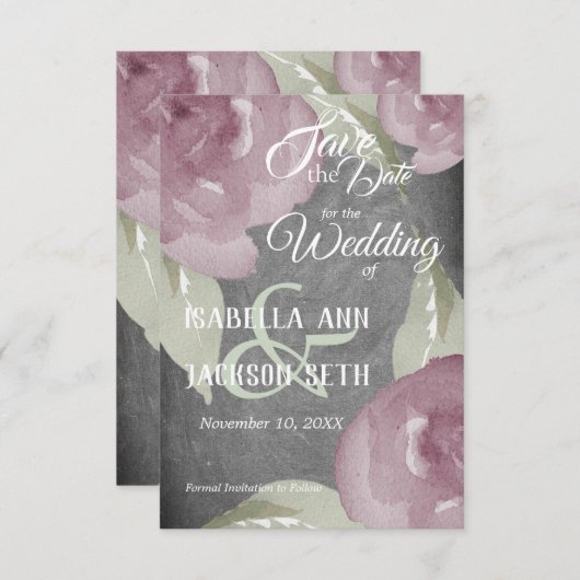 Mauve Waterverf Floral en Chalkboard Save The Date (Voorkant / Achterkant)