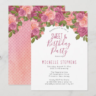 Mauve Waterverf Floral Sweet 16 Birthday Party Kaart