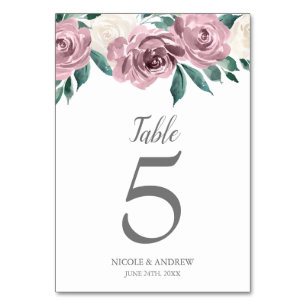 Mauve Waterverf Rozen Floral Wedding Table Number Kaart