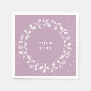 Mauve + White Hand Printed Holly Wreated Kerstmis Servet