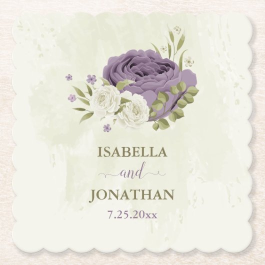 mauve witte bloemen groen bruiloft kartonnen onderzetters (Voorkant)