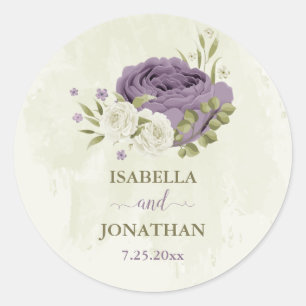 mauve witte bloemen groen bruiloft ronde sticker