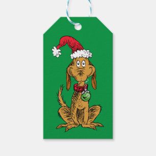 Max de hond in een kerstmuts cadeaulabel