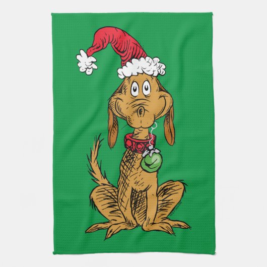Max de hond met kerstmuts theedoek (Verticaal)