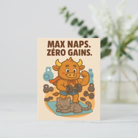 Max Naps, Zero Gains - Grappig Bullio Gym Briefkaa Briefkaart (Staand voorkant)