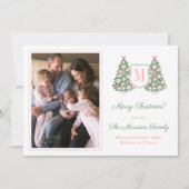 Maximalist Roze Groen Monogram Kerstfoto Feestdagenkaart (Voorkant)