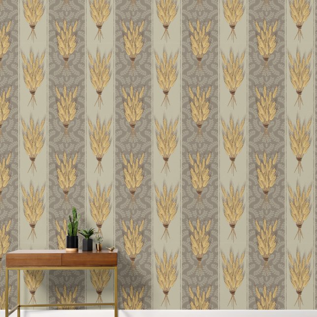 Maximalist Tarwe en Bladeren Patroon - Greige Beig Behang (Hal)