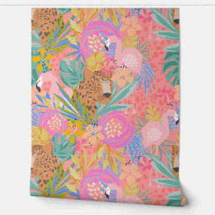 Maximalist Tropical Hot Pink Cheetah Flamingo Behang