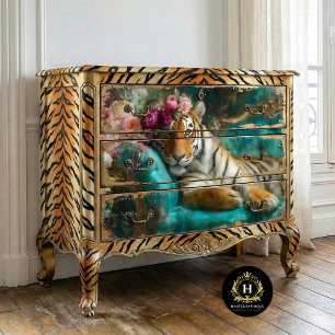 Maximalistische bloemige tijger meubel decoupage tissuepapier