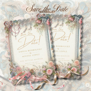 Maximalistische Save The Date Vintage Bloemenschro Kaart