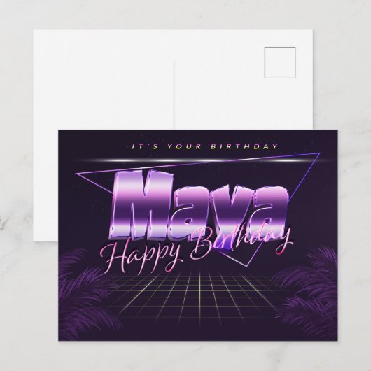 Maya prénom carte postale violette anniversaire (Devant / Derrière)