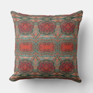 Mayan Damask Red Coral Blauwgroen Groen Abstract Kussen
