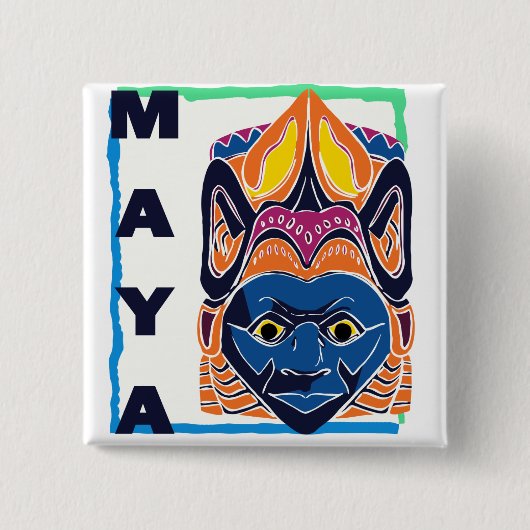MAYAN MASK VIERKANTE BUTTON 5,1 CM (Voorkant)