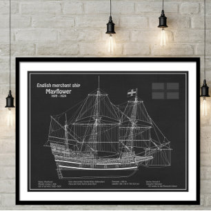Mayflower - scheepsblauwdrukplannen PD Foto Afdruk