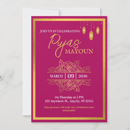 Mayoun Maroon and Gold Puja Invitation (Voorkant)