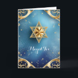 Mazal Tov élégant, carte de vœux pliée 5" x 7"<br><div class="desc">Étoile d'or de David avec des détails dorés exquis sur fond bleu ; le vœu est "Mazal Tov" sur le devant. L'intérieur a été laissé vide pour que vous puissiez personnaliser cette carte élégante. Suggéré pour les mariages, les anniversaires, les bar mitzvahs, les bat mitzvahs et autres occasions ou fêtes...</div>