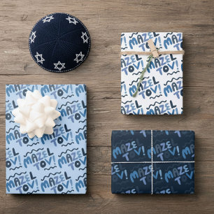 MAZEL TOV Bar Bat Mitzvah Handlettered Joods Blauw Inpakpapier Vel