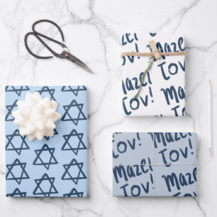 MAZEL TOV Bar Bat Mitzvah Handlettered Joods Blauw Inpakpapier Vel