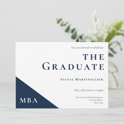 MBA Degree Blue White Graduation Party Invitation (Debout devant)