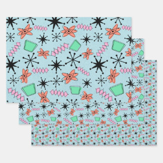 MCM Atomic Roze Groen Sinaasappel op Blue Mix van  Inpakpapier Vel