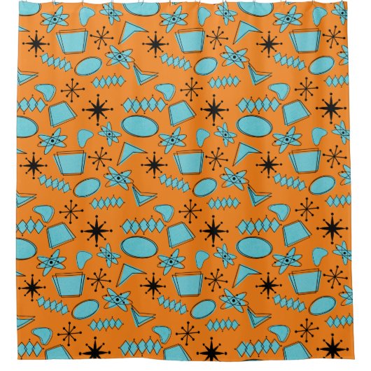 MCM Atomic Shapes Turquoise op Sinaasappel Douchegordijn (Voorkant)