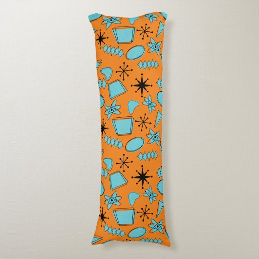 MCM Atomic Shapes Turquoise op Sinaasappel Lichaamskussen (Voorkant Verticaal)