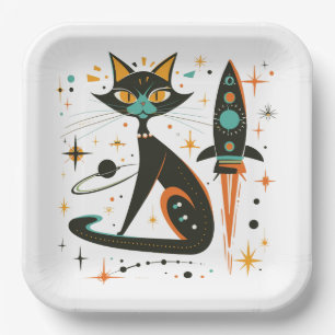 MCM Black Cat Retro ruimteschip sterren planeten Papieren Bordje