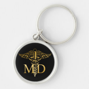 MD faux gold caduceus Black en Gold Sleutelhanger
