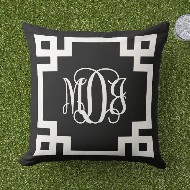 MDJ Black en White Greek Key Script Monogram Buitenkussen (Gras)