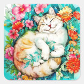 Meadow Blossom Cat Bliss Waterverf Vierkante Sticker (Voorkant)