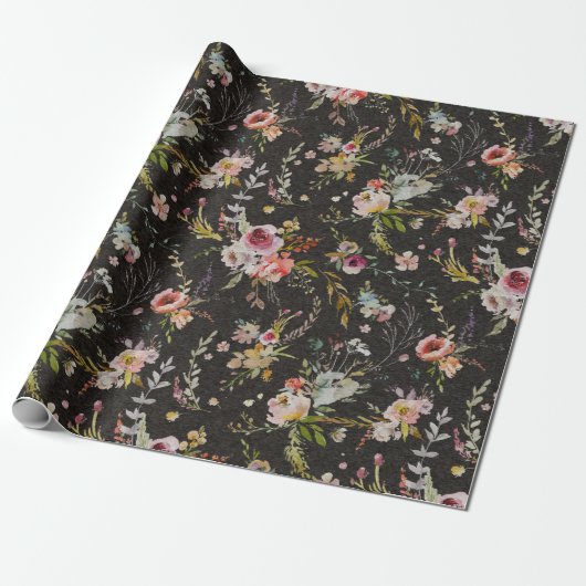 Meadow Floral - Black Gift Wrap Cadeaupapier (Uitgerold)