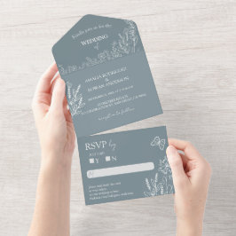 Meadow Flowers Blauw Grijs Wedding RSVP All In One Uitnodiging