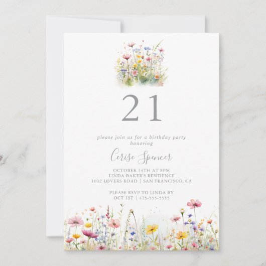 Meadow Kleurrijke Wildflower 21ste Verjaardagsfees Kaart (Voorkant)