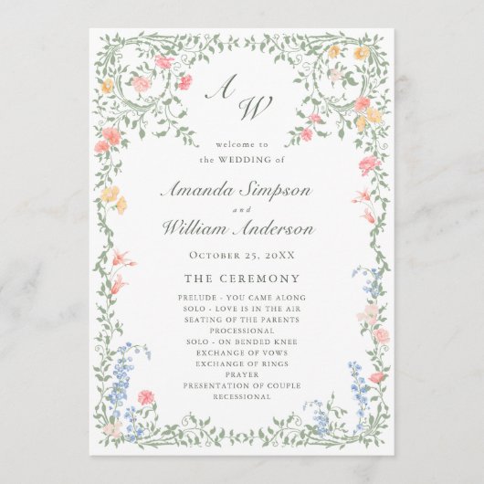 Meadow Pastel Franse Rozen Bloemen Huwelijksceremo Programma (Voorkant)