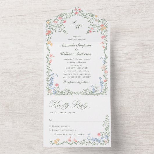 Meadow Pastel Franse Rozen Bloemenbruiloft All In One Uitnodiging (Binnen)