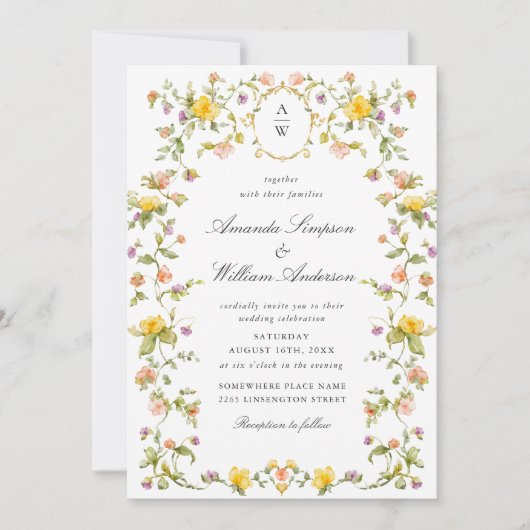 Meadow Pastel Franse Rozen Bloemenbruiloft Kaart (Voorkant)