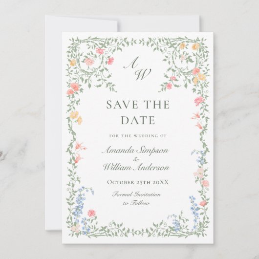 Meadow Pastel Franse Rozen Bloemenbruiloft Save The Date (Voorkant)