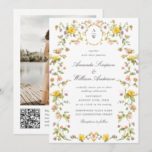 Meadow Pastel Rozen Floral Wedding QR code Foto Kaart (Voorkant / Achterkant)