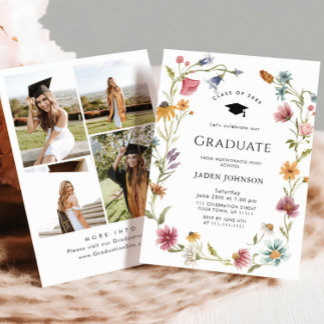 Meadow Wildflower Boho 4 Photo Graduation Party Kaart