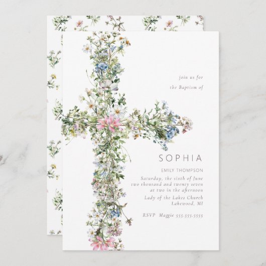 Meadow wildflower kruis doop doop doopblauw kaart (Voorkant / Achterkant)