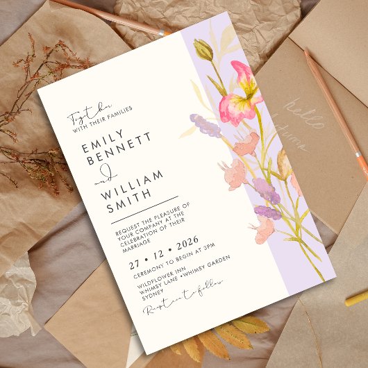 Meadow Wildflowers Modern Boho Rustic Wedding  Kaart