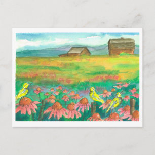 Meadowlark Birds Waterverf Flowers Painting Briefkaart