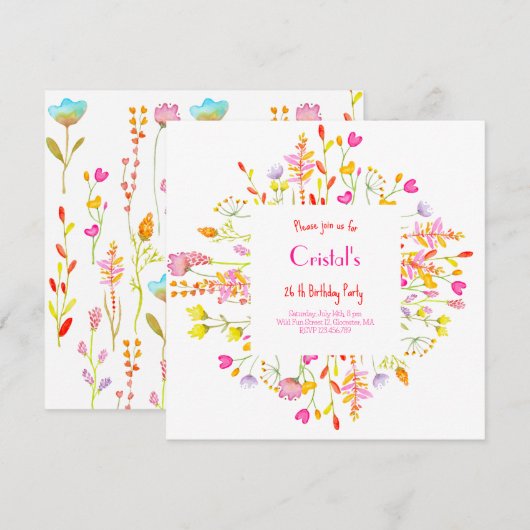 Meadows fleurs adultes invitation à l'anniversaire (Devant / Derrière)