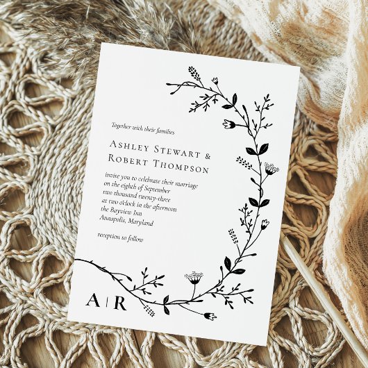 Meandering Vine Scroll Modern Wedding Invite Kaart